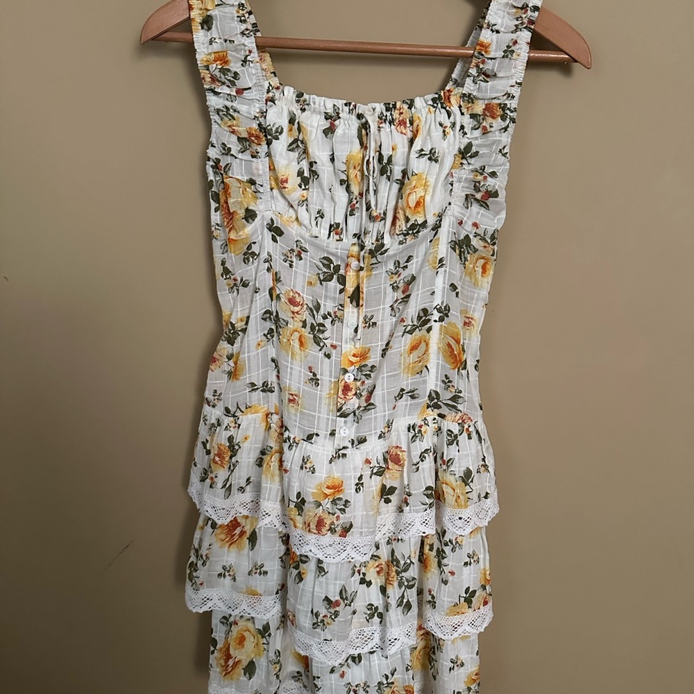 Sky to Moon White Floral Tiered Dress with Yellow Rose Print